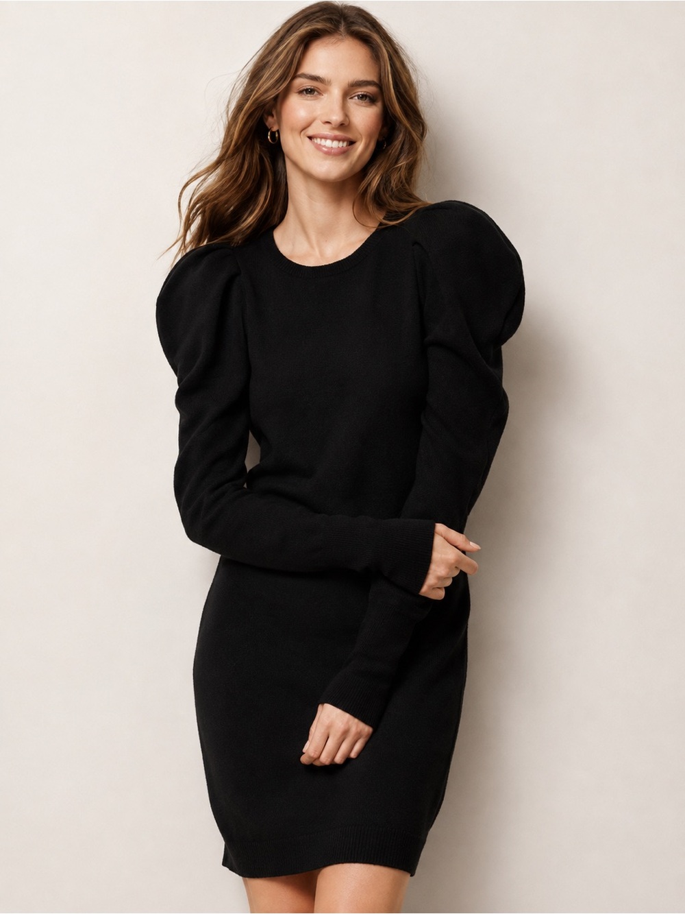 Autumn Cashmere Black 100% Cashmere Puff Sleeve Sweater Dress XS
